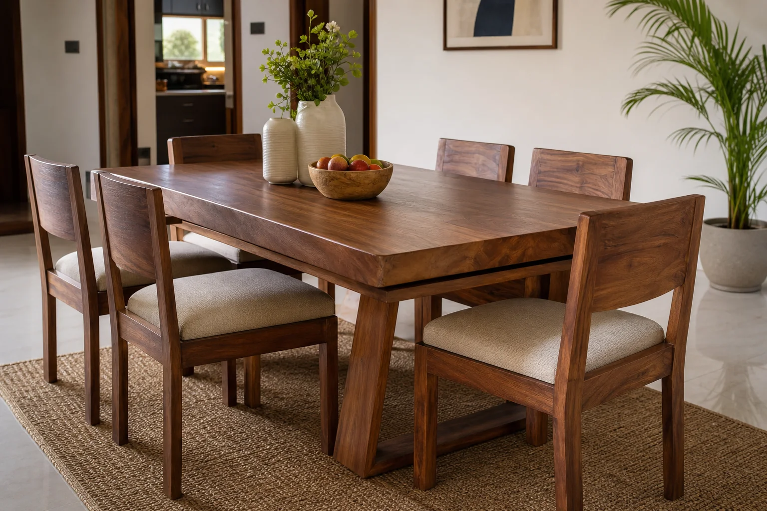 Elegant solid teak dining table set in a stylish home setting. photorealistic wide-angle photograph of a handcrafted solid teak wood dining table set with six chairs in a sunlit contemporary Indian home, rich warm brown wood tones (#765139