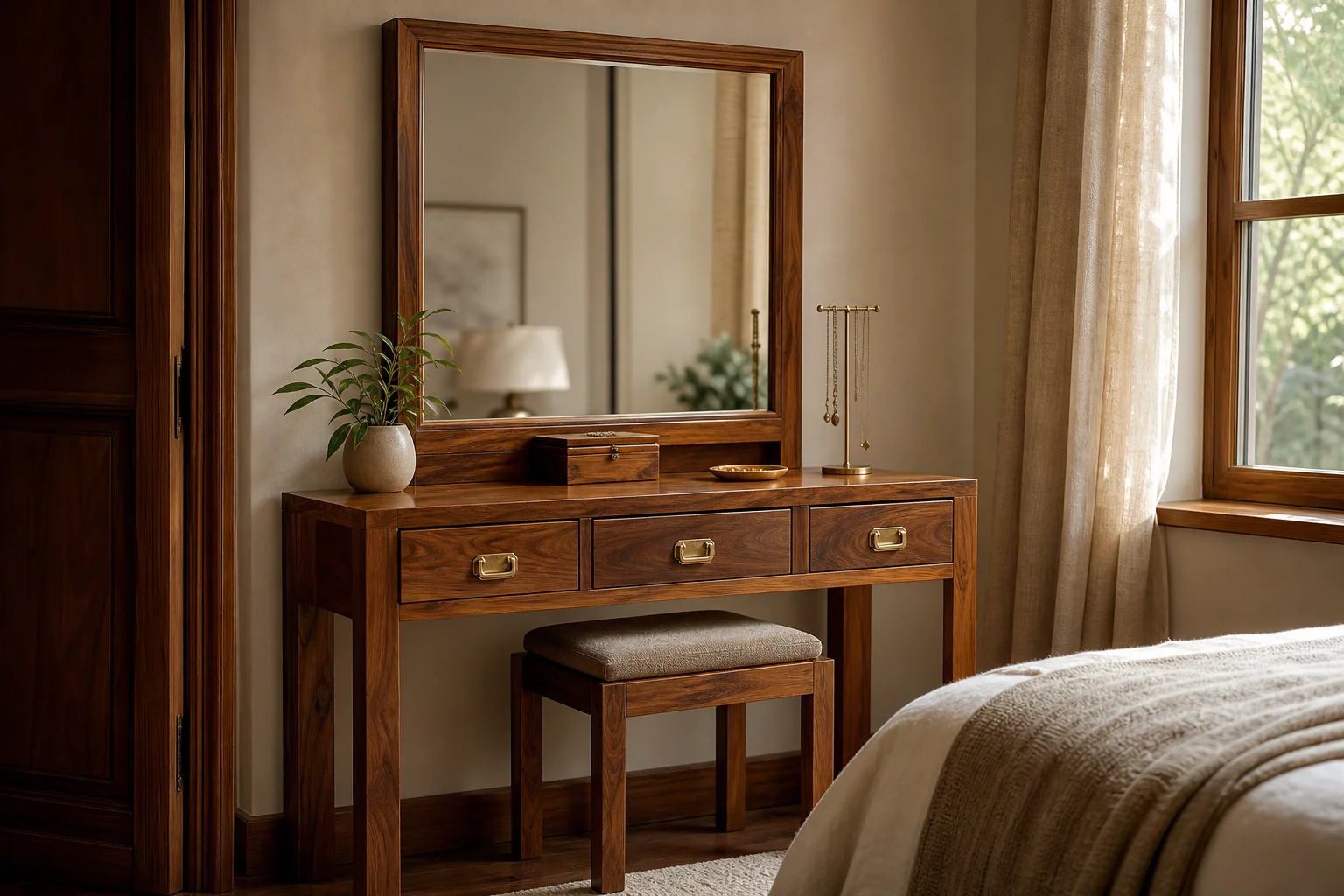 Elegant solid teak dressing table with mirror in a warm-toned bedroom. photorealistic: A handcrafted solid teak wood dressing table with an attached rectangular mirror, standing in a warm, softly lit bedroom. Rich brown teak tones (#765139