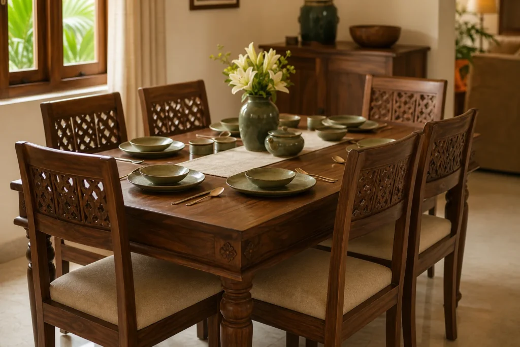 A complete solid teak dining table set with six chairs in a warm Indian home dining room. photorealistic: a solid teak wood dining table set with six carved chairs in a warm, softly lit Indian home dining room, deep brown teak tones