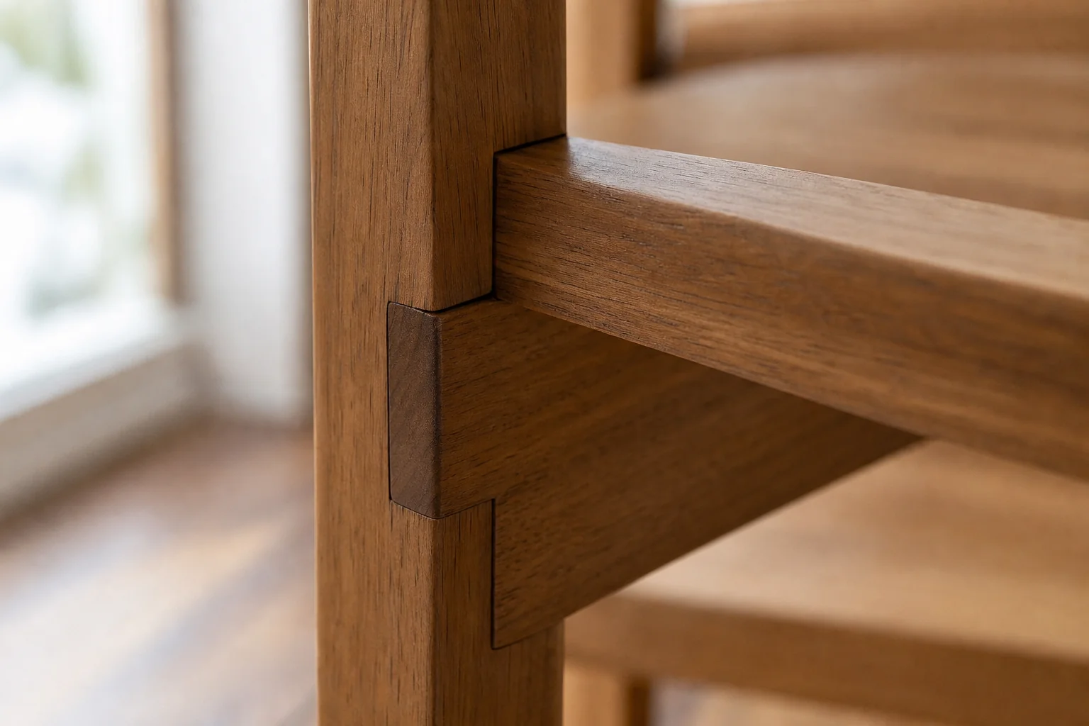 How to Fix Squeaky Wooden Furniture Joints at Home 1 Close-up of a solid wood chair joint showing craftsmanship and joinery detail. photorealistic close-up photograph of a solid teak wood chair leg joint, showing traditional mortise-and-tenon joinery, warm brown wood tones (#765139, #8b7050)
