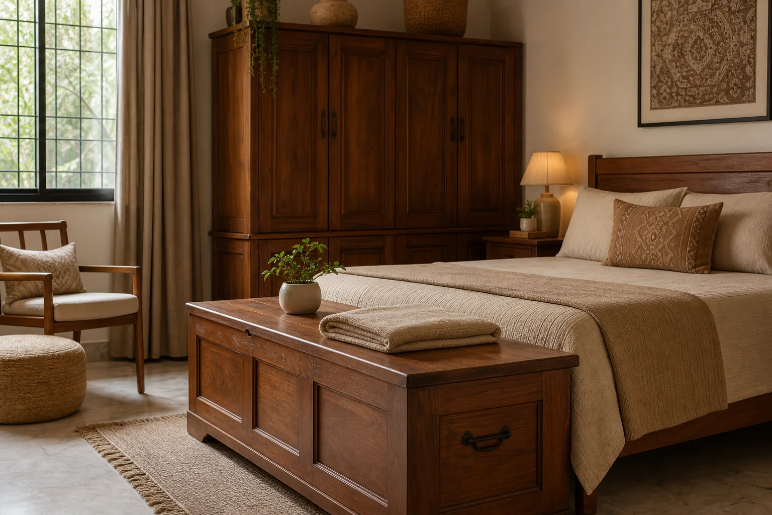 Teak Cabinets & Chests for Bhopal Homes: 2026 Guide 1 A warm, styled bedroom in a Bhopal apartment featuring a solid teak wood cabinet and a low chest at the foot of the bed. photorealistic interior photo of a cozy Indian apartment bedroom in warm earthy tones, featuring a solid teak wood