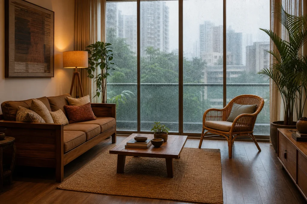 Living room with both teak wood and rattan seating styles near a rain-streaked window in a Mumbai apartment. photorealistic photo of a Mumbai apartment living room during monsoon season, rain visible on large windows in the background, a