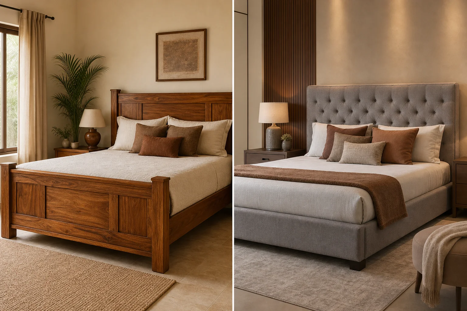 Side-by-side bedroom scene contrasting a solid teak wood bed and an upholstered fabric bed. photorealistic split-composition photo showing two Indian bedroom setups side by side: on the left a solid teak wood bed with warm honey-brown