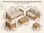 Solid teak wood 3+2+1 sofa set with 4.5 inch rattan handrests, coffee table, and washable cushions
